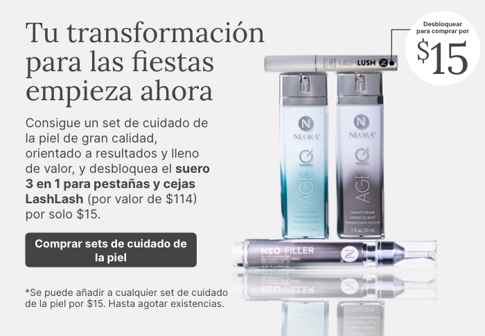 Holiday skincare promotion featuring LashLash 3-in-1 Lash & Brow Serum on a clear dish with gel, highlighting limited-time $15 offer ($114 value) when purchased with qualifying skincare sets.